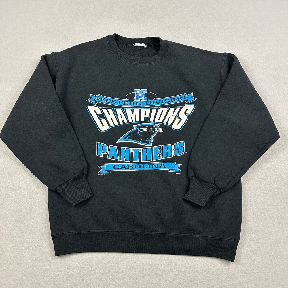 Vintage Carolina Panthers Sweatshirt Men Large Black 1996 NFC Champs Crew NFL L